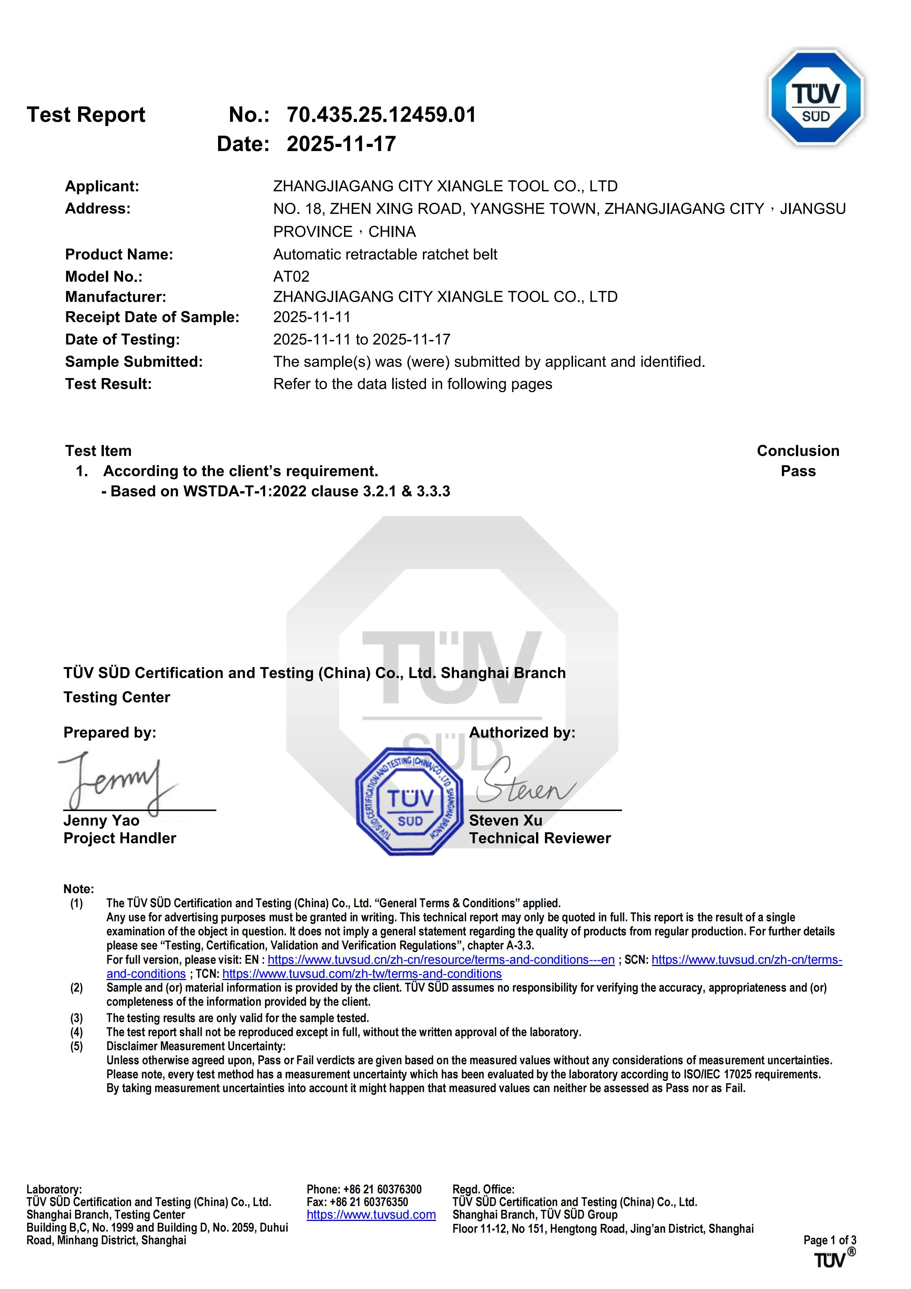 ARS001_retractable ratchet strap TUV WSTDA-T-1 BS Test Report